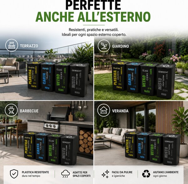 Set 4 Pattumiere per Raccolta Differenziata 37,5x36x53,5 cm Bidone da 50 Litri in Plastica Nero