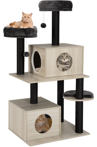 Albero Tiragraffi per Gatti Graffiatoio 2 Palline 2 Cucce Coperte 40x30x25 cm in MDF Rivestimento in Peluche Nero