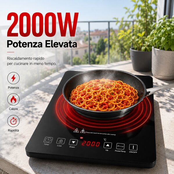 Piastra Fornello Elettrico a Induzione 1 Fuoco per Cucina Cottura Omogenea 2000W