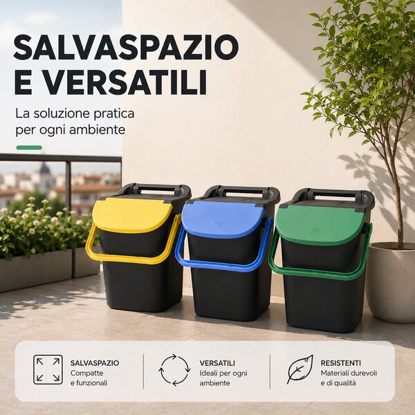 Set 3 Pattumiere Impilabili 34x37,7x42 cm Tower Bin 3x10L Raccolta Differenziata in Plastica Nero