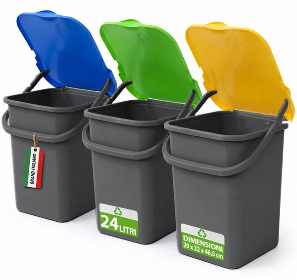 Set 3 Pattumiere Bidoni 32x29x46,5cm Premi Plus 24L Apertura Push Raccolta Differenziata in Plastica Grigio