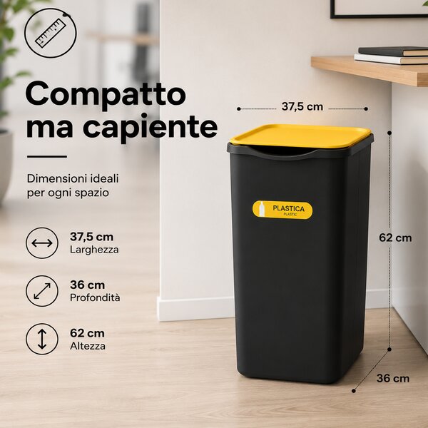Set 3 Pattumiere 37,5x36x62 cm Bidoni Raccolta Differenziata Spazzatura Capienza da 50 L in Plastica Nero