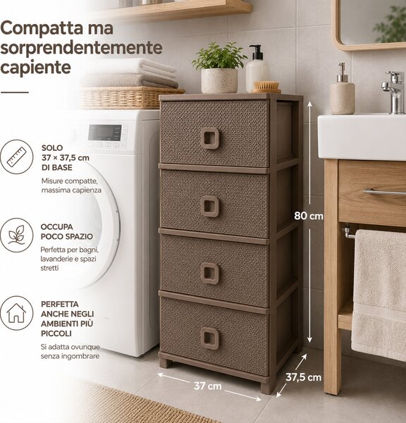 Cassettiera 37x37,5x80cm Pratika Kool Multiuso 4 Cassetti in Plastica Tortora