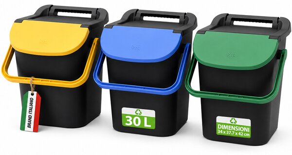 Set 3 Pattumiere Impilabili 34x37,7x42 cm Tower Bin 3x10L Raccolta Differenziata in Plastica Nero
