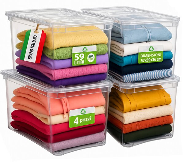 Set 4 Pezzi Contenitori con Coperchio 57x39x36 cm Storage Box Marea Capienza 59L in Plastica Trasparente
