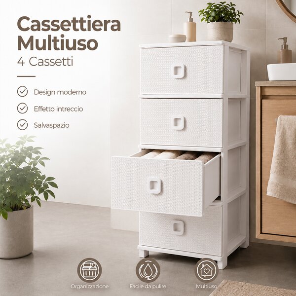 Cassettiera 37x37,5x80 cm Pratika Kool Multiuso con 4 Cassetti in Plastica Bianco