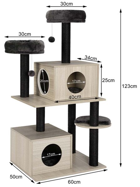 Albero Tiragraffi per Gatti Graffiatoio 2 Palline 2 Cucce Coperte 40x30x25 cm in MDF Rivestimento in Peluche Nero