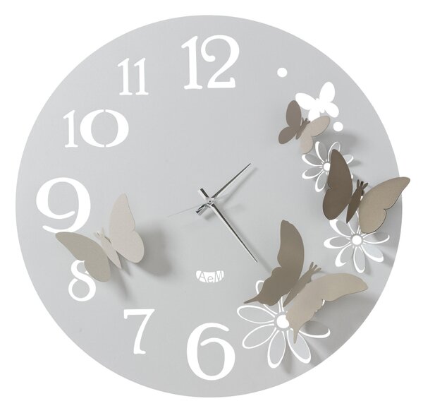 Orologio da parete fiori e farfalle BUTTERFLY FLOWERS Grande insieme a 4 farfalle con ali piegate fissate sulla base Diametro 60 cm colore Bianco marmo e sabbia