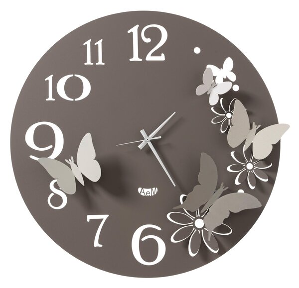 Orologio da parete fiori e farfalle BUTTERFLY FLOWERS Grande insieme a 4 farfalle con ali piegate fissate sulla base Diametro 60 cm colore Fango e Alluminio