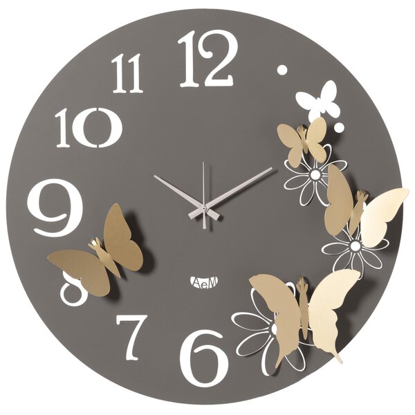 Orologio da parete fiori e farfalle BUTTERFLY FLOWERS Grande insieme a 4 farfalle con ali piegate fissate sulla base Diametro 60 cm colore Fango-oro