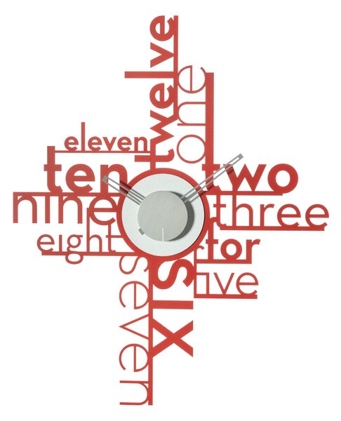 Orologio da parete LETTERING Dimensioni 54x h66 cm costituito da due parti di colori diversi: la base � composta da un insieme di lettere che rappresentano le ore colore Rosso/Bianco marmo