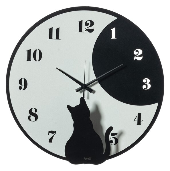 Orologio da Muro Diametro 43 cm composto da due componenti, raffigurante una gatto che osserva la luna e le lancette MOON WHISKERS colore Nero/Bianco marmo