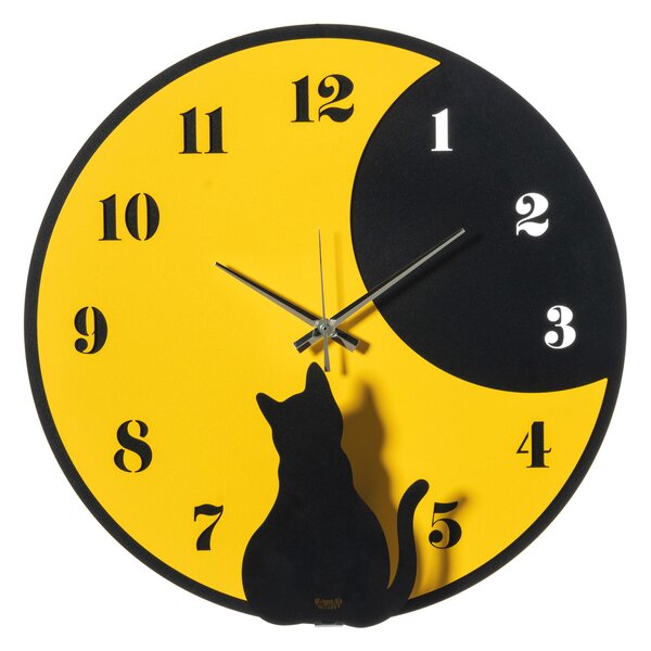 Orologio da Muro Diametro 43 cm composto da due componenti, raffigurante una gatto che osserva la luna e le lancette MOON WHISKERS colore Nero/Giallo