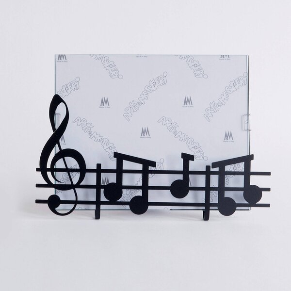 Porta Foto Musica piccolo in metallo, dimensione 17x25h - per foto 20x15h, colore Nero Goffrato