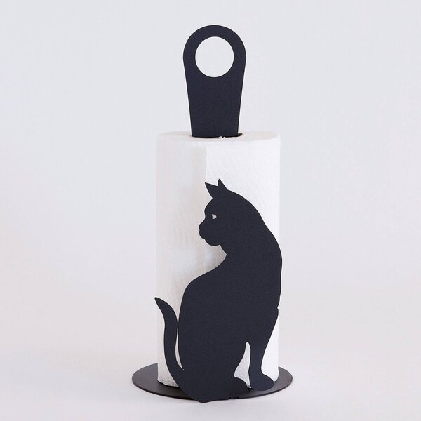 Porta Rotoli Gatto in metallo, diam.15x33h, colore Nero Goffrato