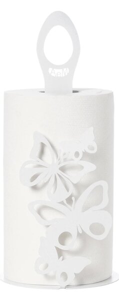 Porta rotoli In Metallo linea FARFALLOSO, presenta quattro farfalle di diverse dimensioni disposte nella parte frontale, diametro15x h33 cm, Bianco Neve