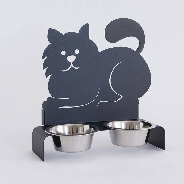Porta Ciotole Gatto doppio in metallo, 32x13Px33h, colore Nero Goffrato