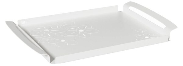 Vassoio floreale di piccole dimensioni Fior di Loto in metallo, 37x25, colore Bianco Marmo