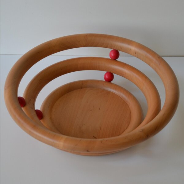 Cestino porta Pane, frutta in legno di ontano Con Palline di mogano diametro 34xh12 cm petali legno naturale Naturale con palline mogano