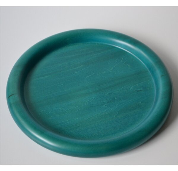 Vassoio tondo in legno massello tornito a mano diametro 34xh3,5 cm verniciato con vernici all'acqua di colore verde