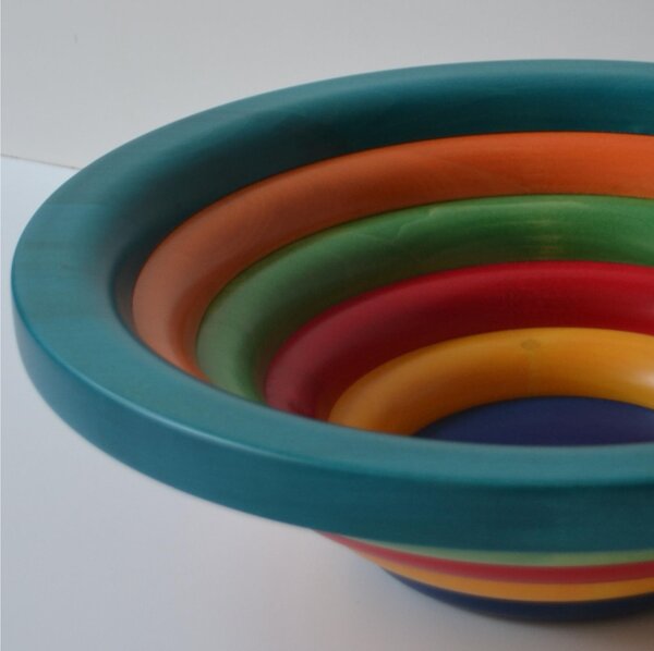 Centrotavola Fruttiera, Insalatiera ARENA diametro 34xh 11,5 cm con legno massello di tiglio , ogni anello lavorato e tornito singolarmente a mano multicolor