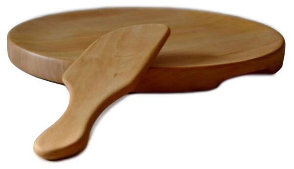Tagliere per polenta in legno di ontano leggermente scavato diam. 34xh3,2 cm completo di coltello per polenta non utilizzabile in lavastoviglie