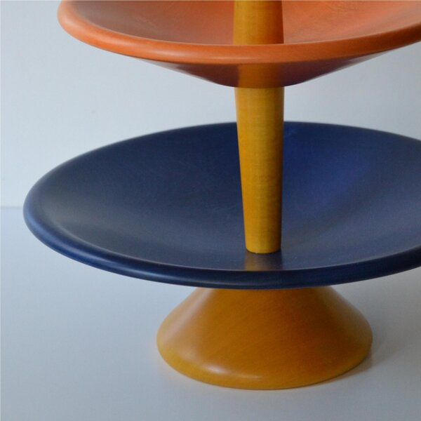 Alzata porta Frutta in legno di tiglio due Piani diametro 30x h34 cm legno Blu e Arancio