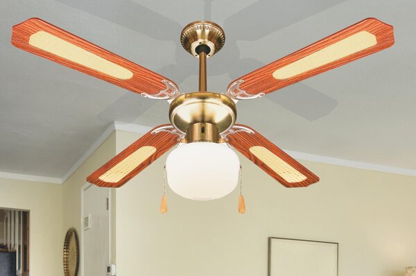 VENTILATORE SOFFITTO 4 PALE in legno con inserti paglia di Vienna dimensioni 106x106x H 30 cm-60W MARR.WINDY in Acciaio - legno Marrone
