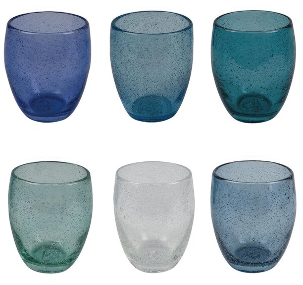 Bicchieri ACQUA set 6 in Vetro Soffiato ACAPULCO Decoro finemente lavorato , diametro 8 x h 10 cm 300 Ml colore Ocean