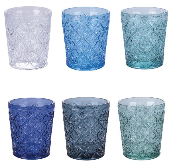 Bicchieri ACQUA set 6 in Vetro Multicolor MARRAKECH OCEAN Decoro finemente lavorato , diametro 8,3 x h 10 cm 325 Ml