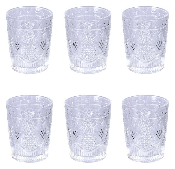 Bicchieri ACQUA set 6 in Vetro trasparente PINA COLADA Decoro Esotico , diametro 8 x h 10 cm 250 Ml