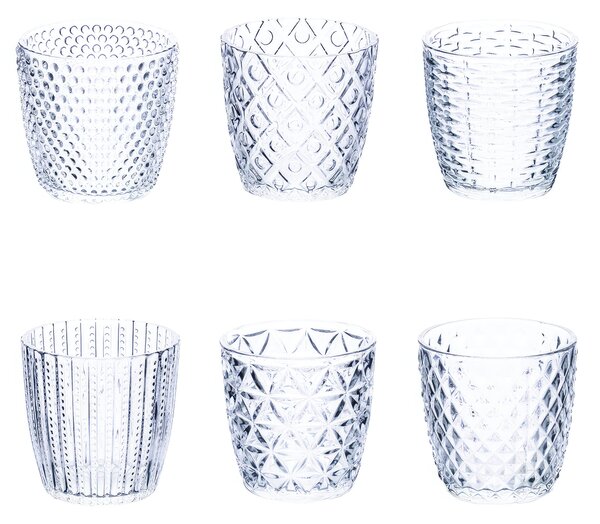 Bicchieri ACQUA set 6 in Vetro Superficie Lavorata A rilievo GEOMETRIE CLEAR , diametro 9 x h 9 cm 380 Ml colore trasparente