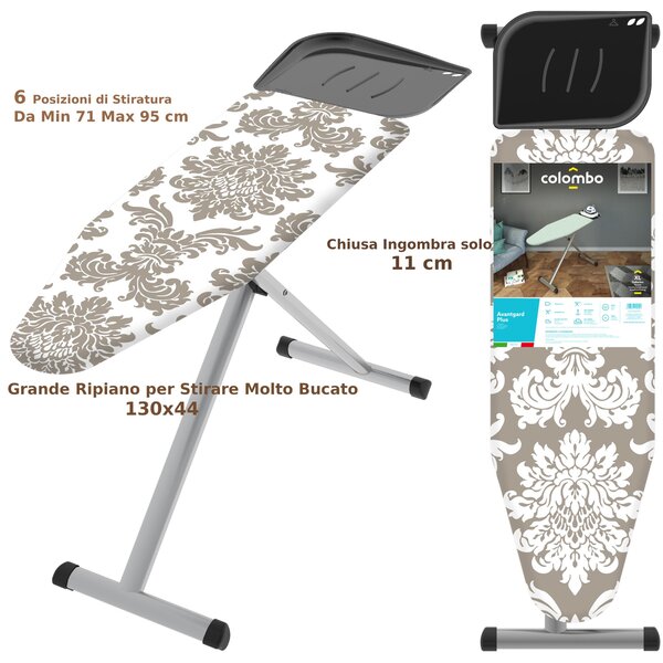 Asse da Stiro da Stiro AVANGARDE PLUS piano di stiratura 130x44 cm - peso 7,5 kg 6 posizioni chiusa ingombra solo 6,5 cm, min 71 max 95 regolabile Made in italy