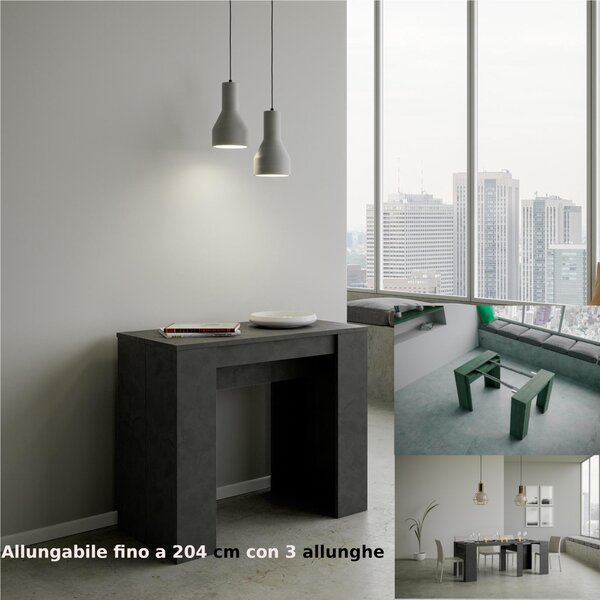 Tavolo Consolle Allungabile Small Basic fino a 204 cm con tre elementi da 52 cm, tutto in legno di Frassino 90x48xh77 cm colore Antracite