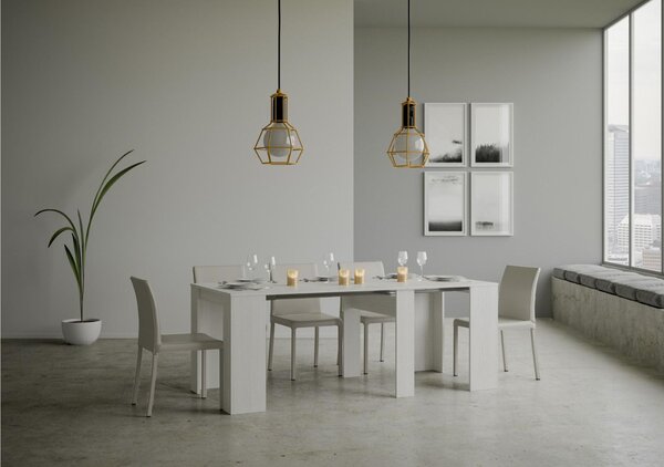 Tavolo Consolle Allungabile Small Bianco Basic fino a 204 cm con tre elementi da 52 cm, tutto in legno di Frassino 90x48xh77 cm colore bianco