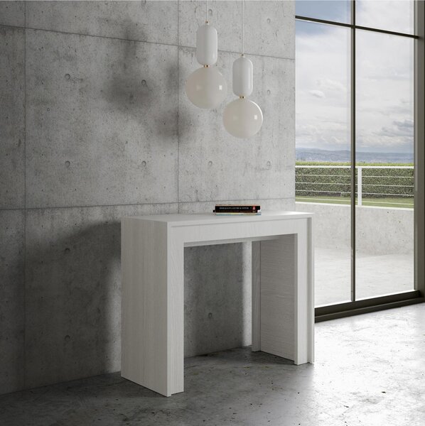 Consolle salvaspazio allungabile Mia Small Bianco frassino Allungabile fino a 302 cm con cinque elementi da 52 cm, tutto in legno di Frassino 90x42xh78 cm colore bianco frassino