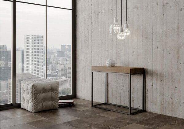 Tavolo Consolle Allungabile Small Bianco NORDICA 90x40xh77 cm Fino a 196 cm con tre elementi da 52 cm, tutto in legno di Frassino Piano Noce Telaio antracite