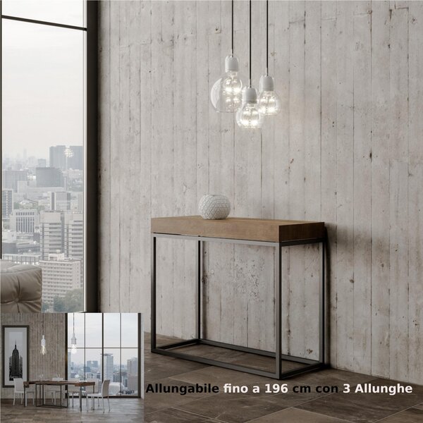Tavolo Consolle Allungabile Small Bianco NORDICA 90x40xh77 cm Fino a 196 cm con tre elementi da 52 cm, tutto in legno di Frassino Piano Noce Telaio antracite