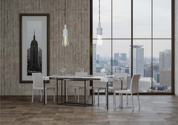 Tavolo Consolle Allungabile Small Bianco NORDICA 90x40xh77 cm Fino a 196 cm con tre elementi da 52 cm, tutto in legno di Frassino Piano Marmo Telaio antracite