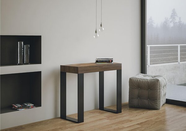 Consolle Allungabile TECNO Telaio Antracite fino a 196 cm con 3 elementi da 52 cm, tutto in legno di Frassino 90x40xh77 cm colore Noce