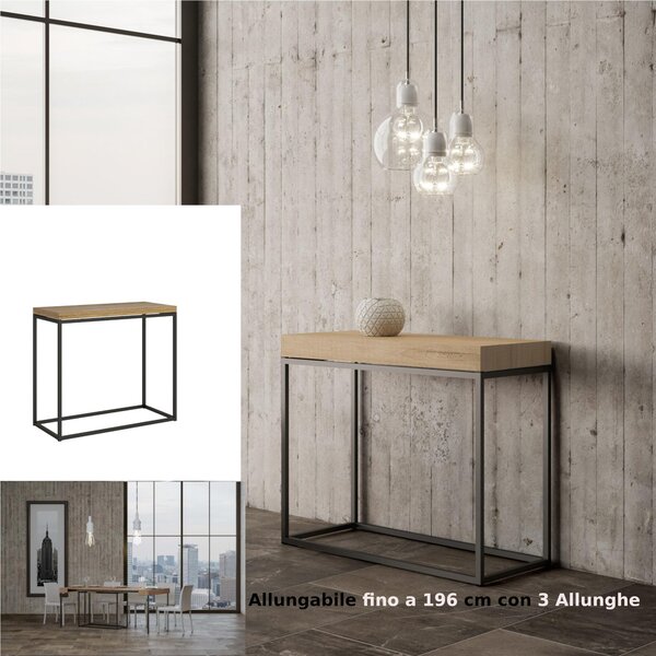 Tavolo Consolle Allungabile Small Bianco NORDICA 90x40xh77 cm Fino a 196 cm con tre elementi da 52 cm, tutto in legno di Frassino Piano Quercia Telaio antracite