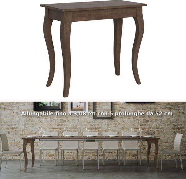 Tavolo Consolle Allungabile Noce OLANDA fino a 308 cm con 5 elementi da 52 cm, tutto in legno di Frassino 90x48xh77 cm colore Noce