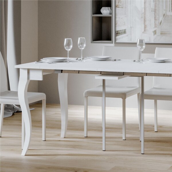 Tavolo Consolle Allungabile Small Bianco OLANDA fino a 198 cm con tre elementi da 52 cm, tutto in legno di Frassino 90x48xh77 cm colore bianco