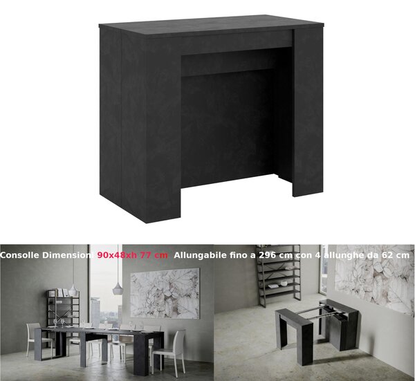 Consolle Allungabile con 4 allunghe Venus 90x48xh77 cm estensibile fino a 296 cm Allunghe all'interno tutto in legno di Frassino colore Antracite