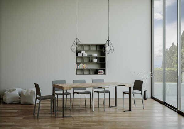 Consolle Allungabile TECNO Telaio Antracite fino a 196 cm con 3 elementi da 52 cm, tutto in legno di Frassino 90x40xh77 cm colore Quercia Naturale