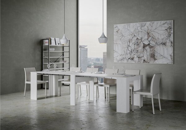 Consolle Allungabile con 4 allunghe Venus 90x48xh77 cm estensibile fino a 296 cm Allunghe all'interno tutto in legno di Frassino colore bianco frassino