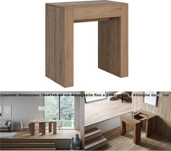 Consolle Allungabile con 6 allunghe Allin 78x47xh80 cm estensibile fino a 299 cm Allunghe all�interno delle gambe tutto in legno di Frassino colore Quercia Naturale