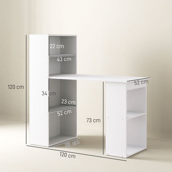 HOMCOM Scrivania Computer con Libreria Porta PC Salvaspazio, Tavolo da Pranzo per Ufficio e Studio, 120x55x120 cm, Bianco|Aosom