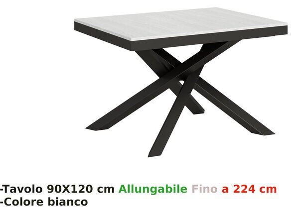 Consolle Allungabile con 3 allunghe VOLANTIS EVOLUTION 90x120xh77 cm estensibile fino a 224 cm Allunghe da 52 cm, gambe in ferro verniciato colore BIANCO FRASSINO