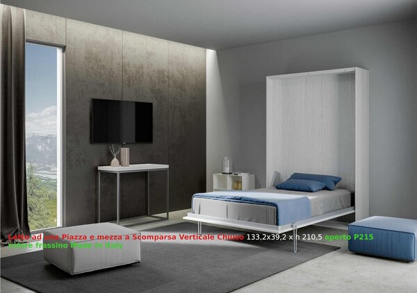 Letto a scomparsa Kentaro Una Piazza E Mezza Chiuso Occupa solo 39 cm di profondit�, Dimensioni chiuso 133.2x39,2xh210 cm struttura in legno colore Bianco Frassino